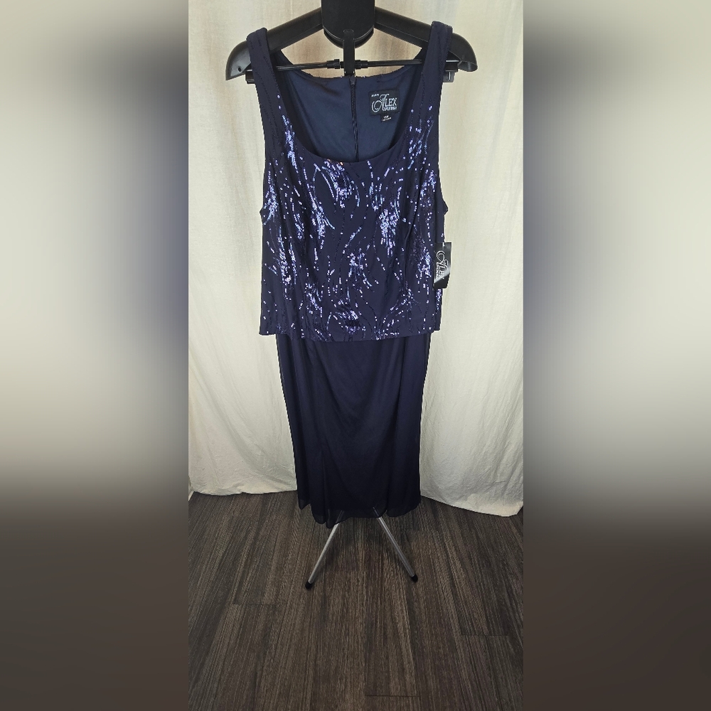 Alex Evenings Plus Tea-Length Firework Sequin Dress Size 20 W NWT Navy Blue - Picture 6 of 12